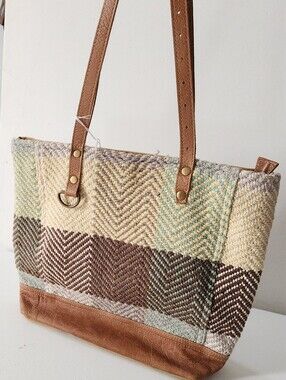 Muza Multicolor Woven Chevron Tote with Brown Leather Trim